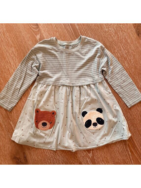 NEXT Girls 4-5Y Panda Bear Appliqué Polka Dot Long Sleeve Dress 110cm